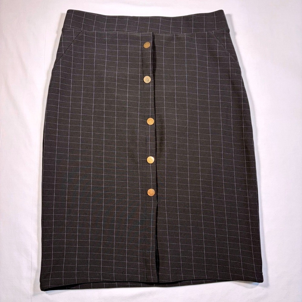 Maze Collection Pencil Skirt Black Plaid Decorative buttons Large